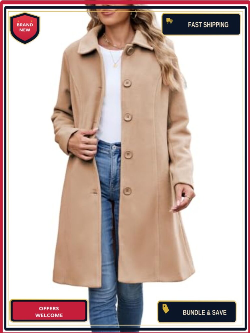 Women's Wool Blend Peacoat Single Breasted Winter Coat Long Sleeve